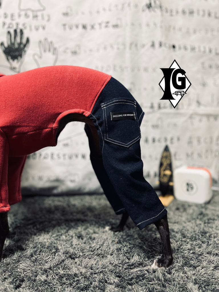 ”I'm so picky" Denim pants Pullover-RED
