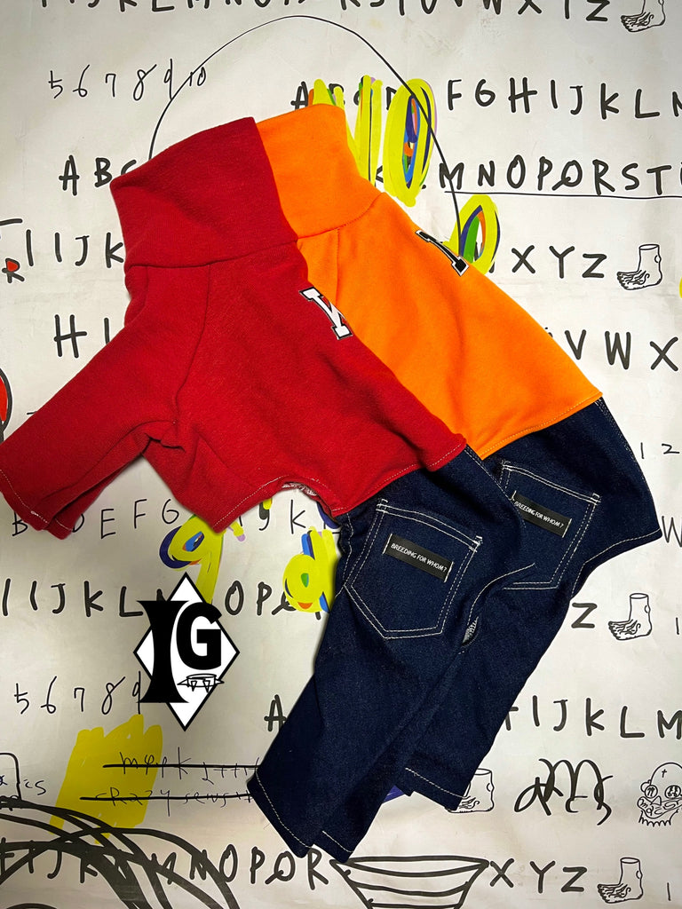 ”I'm so picky" Denim pants Pullover-RED